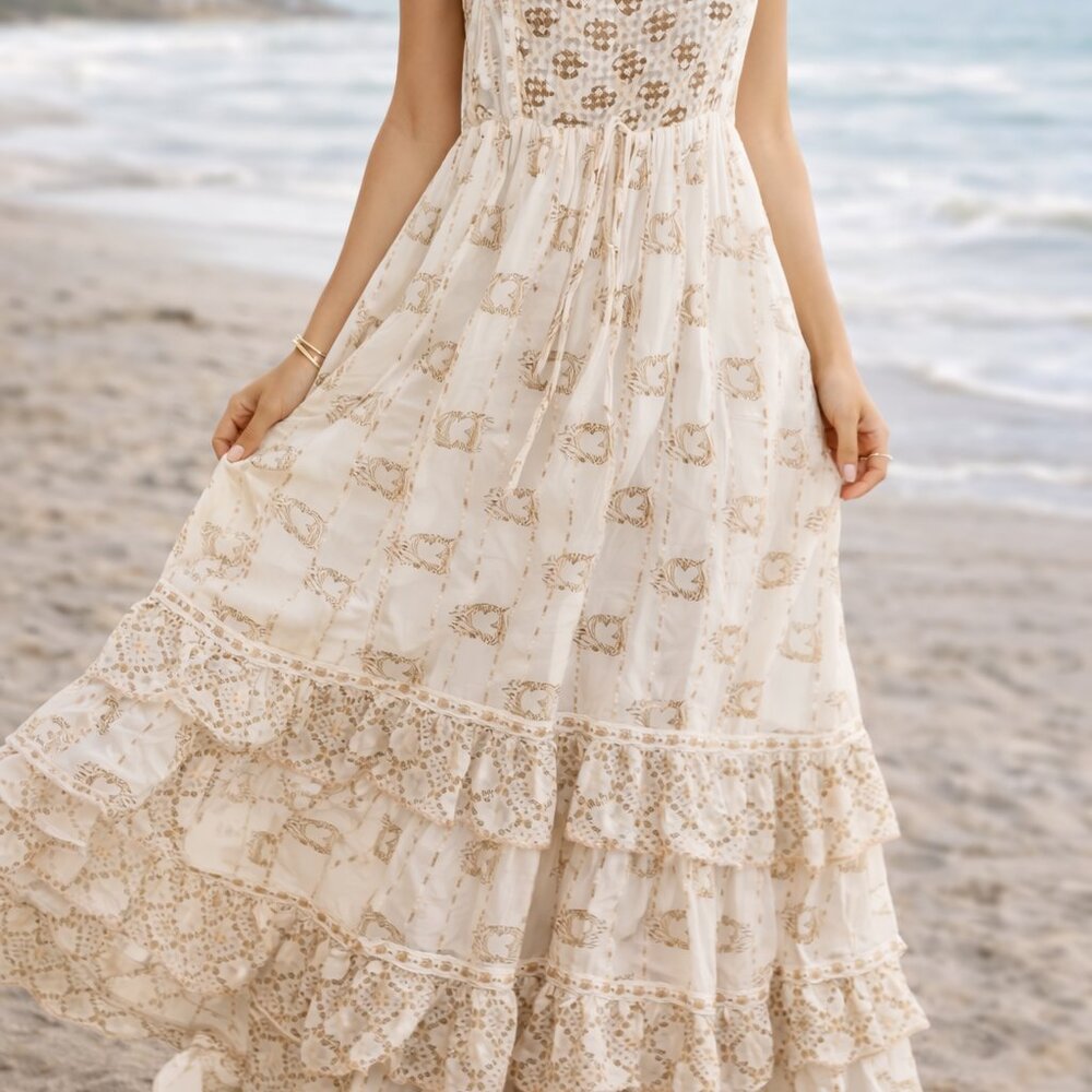 Boho Lace Maxi Dress Cream Tiered | Coastal Beach Vacation Resort Sundress - Picture 3 of 3